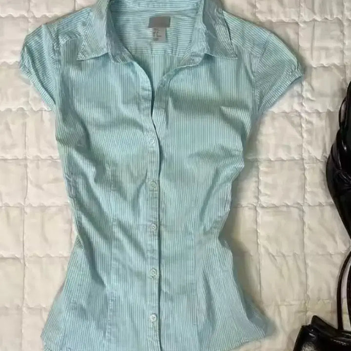 [BUNJANG] Mint Stripe Short Sleeve Shirt / 민트 스트라이프 반팔 셔츠 여름 에이블리 무신사 y2k 갸루