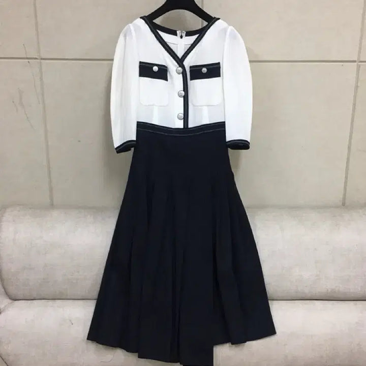 [BUNJANG] 22FW The Handsome Objet Color-Block Pleated Long Dress Black/Navy / 22년/한섬 오브제 정품 배색 플리츠 롱원피스 블랙/화이트