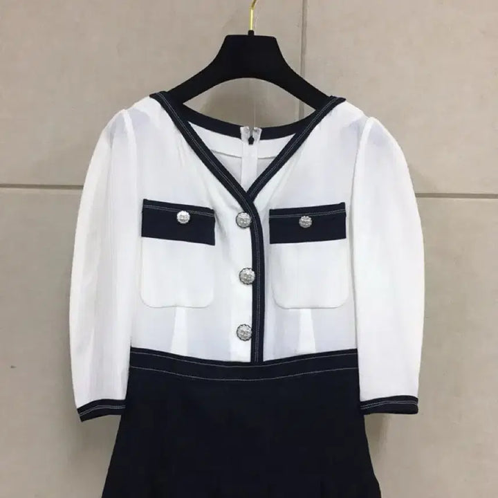 [BUNJANG] 22FW The Handsome Objet Color-Block Pleated Long Dress Black/Navy / 22년/한섬 오브제 정품 배색 플리츠 롱원피스 블랙/화이트