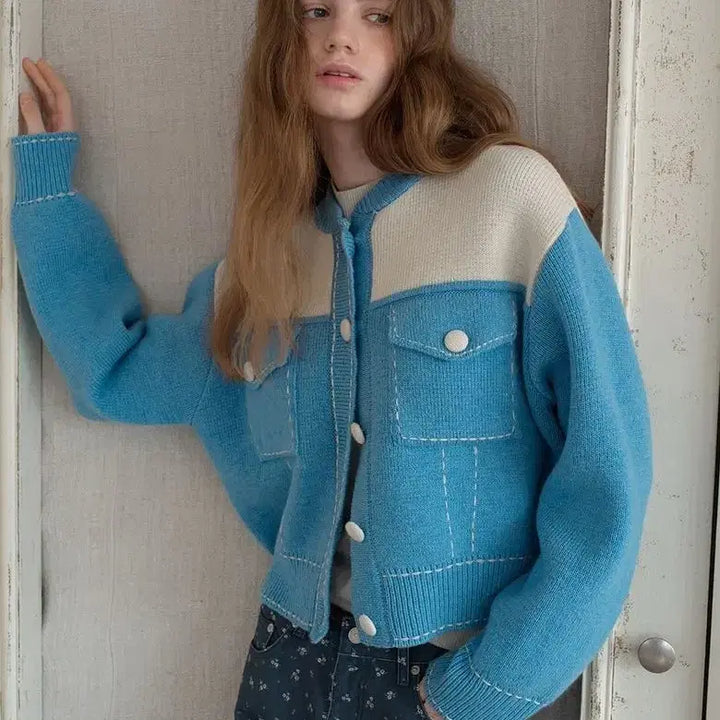 [BUNJANG] Bocarbaca Stitch Knit Bomber Jacket Cardigan / 새제품 보카바카 스티치 니트 봄버 자켓 가디건 VC2412CD502M