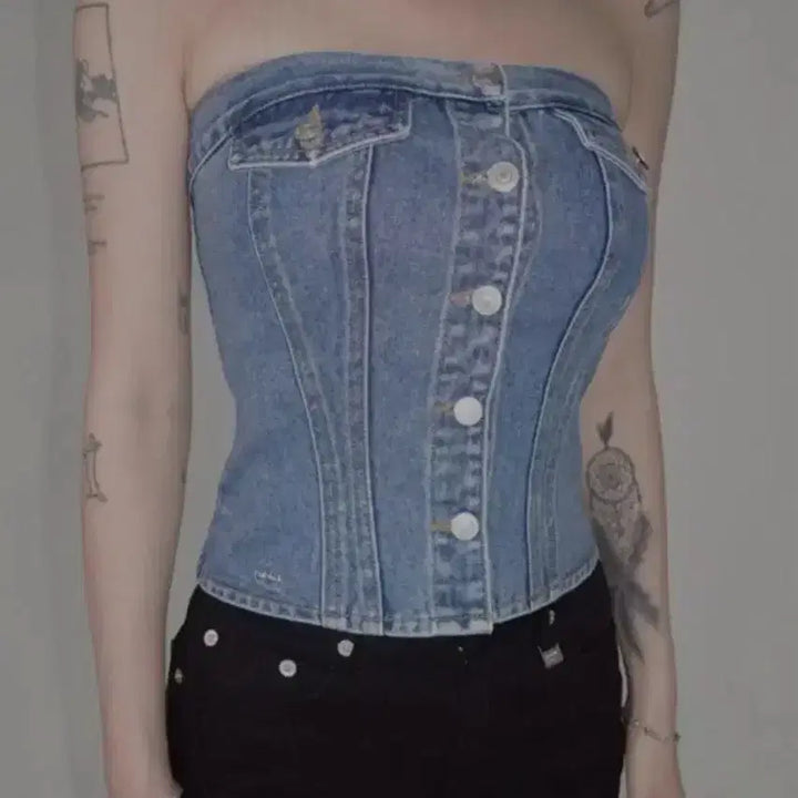 [BUNJANG] Pale JADE Denim Tube Top Blue Washing / 실사) 페일제이드 데님 튜브탑 블루워싱