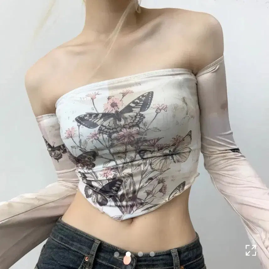 [BUNJANG] Butterfly Print Sheer Sleeve Tube Top / 나비 프린팅 튜브탑