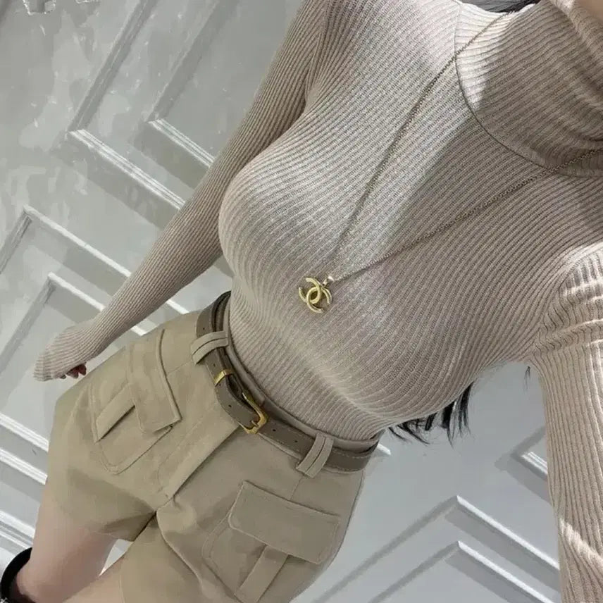 [BUNJANG] Yoo In Mi Isabelle Ribbed Fit Turtleneck Beige / 유인미 이자벨 골지핏 폴라티 베이지