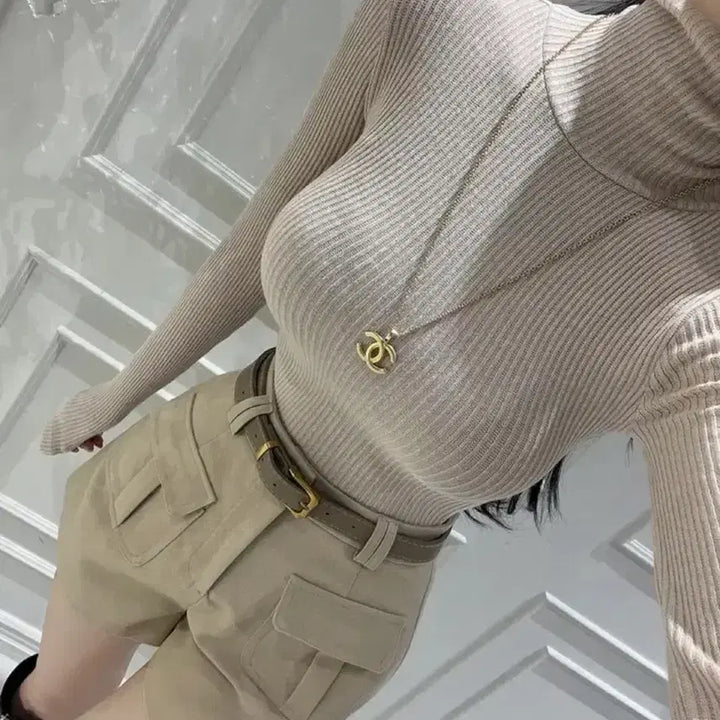 [BUNJANG] Yoo In Mi Isabelle Ribbed Fit Turtleneck Beige / 유인미 이자벨 골지핏 폴라티 베이지