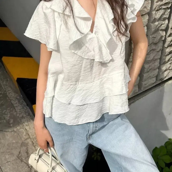[BUNJANG] ZARA White Frill Blouse Shirring Short Sleeve Top XS / ZARA 자라 화이트 프릴 블라우스 셔링 반팔 탑 XS