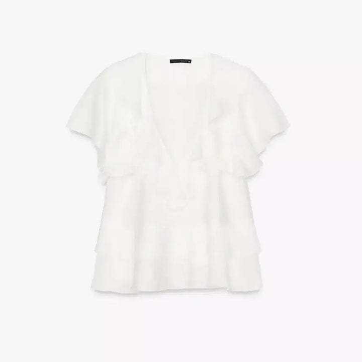 [BUNJANG] ZARA White Frill Blouse Shirring Short Sleeve Top XS / ZARA 자라 화이트 프릴 블라우스 셔링 반팔 탑 XS
