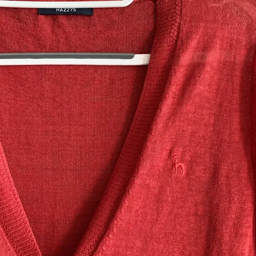 [BUNJANG] Hazzys Linen V-Neck Knit Cardigan - Brick Red / 헤지스 HAZZYS 브릭 레드 린넨 마 브이넥 니트 가디건 85