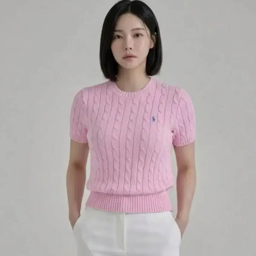 [BUNJANG] Polo Ralph Lauren Cable Knit Short Sleeve Sweater Pink / 폴로 랄프로렌 꽈배기 케이블 반팔 니트 핑크 미개봉 새상품
