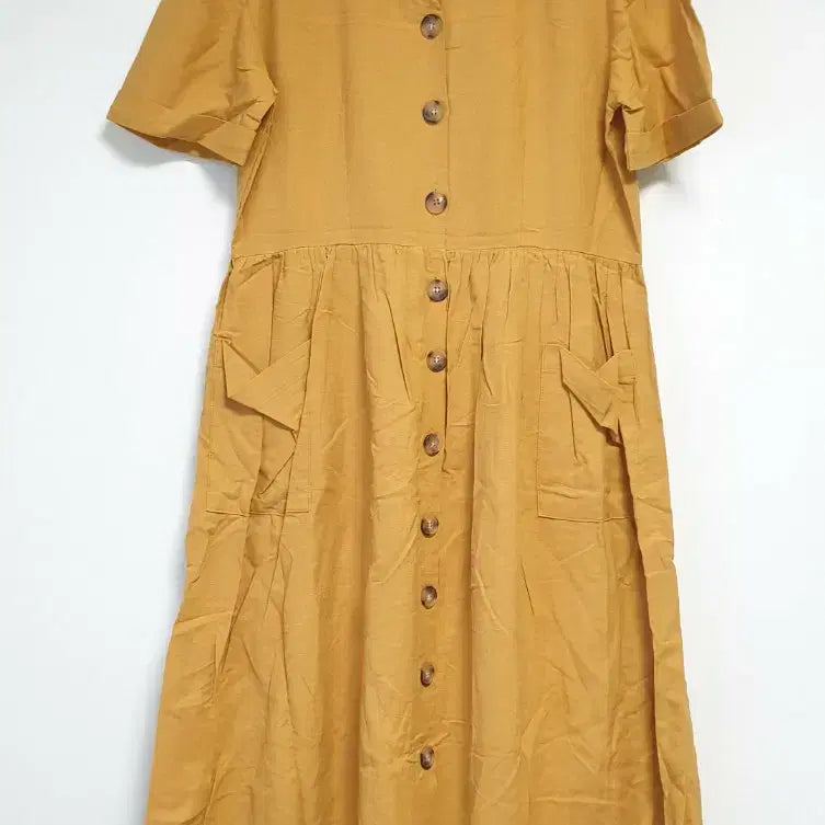 [BUNJANG] Mustard V-Neck Puff Sleeve Button Detail Long Dress / 머스타드 브이넥 반팔 롱 원피스