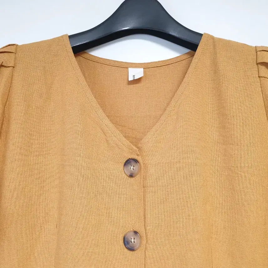 [BUNJANG] Mustard V-Neck Puff Sleeve Button Detail Long Dress / 머스타드 브이넥 반팔 롱 원피스
