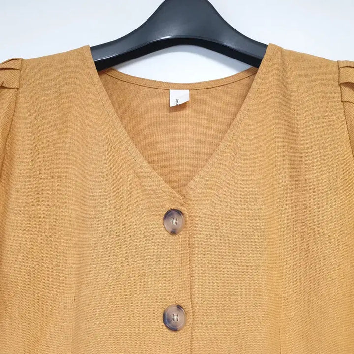 [BUNJANG] Mustard V-Neck Puff Sleeve Button Detail Long Dress / 머스타드 브이넥 반팔 롱 원피스