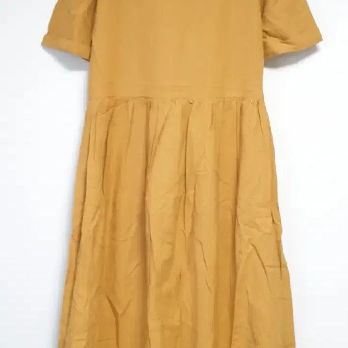 [BUNJANG] Mustard V-Neck Puff Sleeve Button Detail Long Dress / 머스타드 브이넥 반팔 롱 원피스