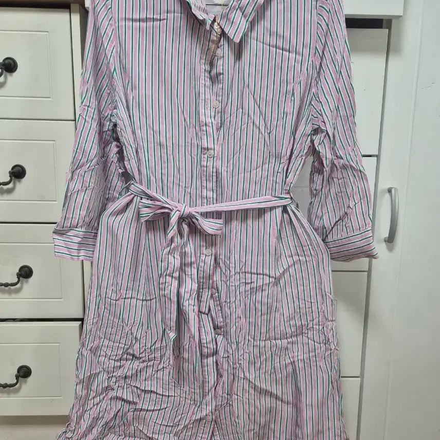 [BUNJANG] Pink Green Stripe Shirt Dress / 핑크 그린 스트라이프 셔츠 원피스