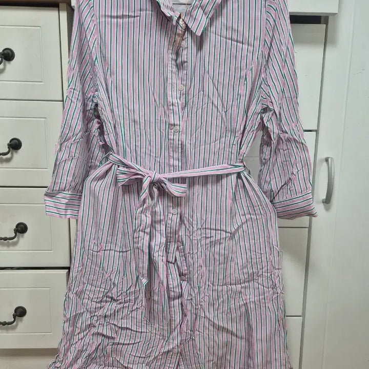 [BUNJANG] Pink Green Stripe Shirt Dress / 핑크 그린 스트라이프 셔츠 원피스