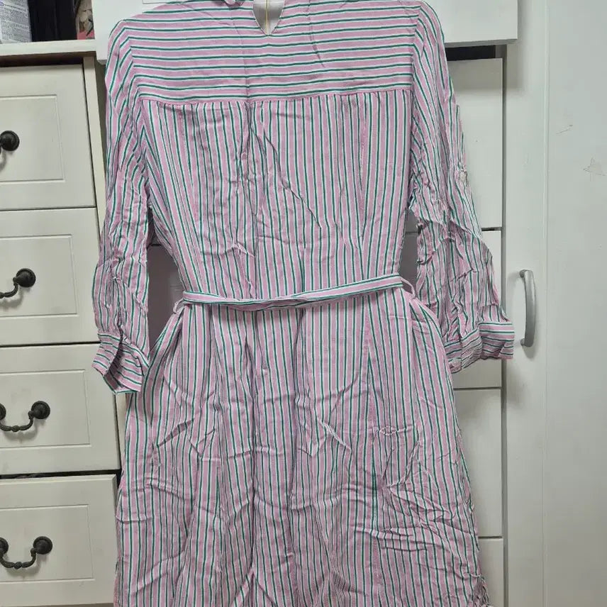 [BUNJANG] Pink Green Stripe Shirt Dress / 핑크 그린 스트라이프 셔츠 원피스