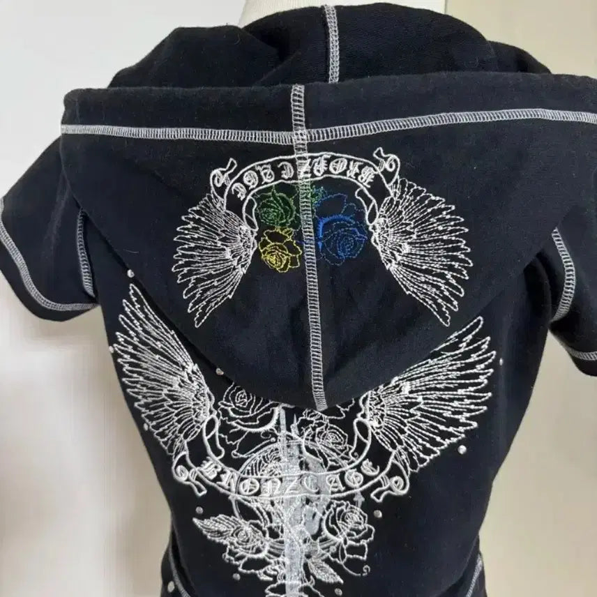 [BUNJANG] Bronze Age Gothic Embroidered Short-Sleeve Hoodie T-Shirt / Bronze age 락시크 펑크 고딕 자수 반팔 후드 티셔츠