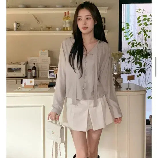 [BUNJANG] Cherrykoko Tie Blouse Grey / 체리코코 타이블라우스 그레이