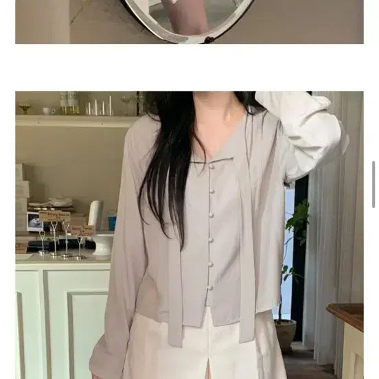 [BUNJANG] Cherrykoko Tie Blouse Grey / 체리코코 타이블라우스 그레이