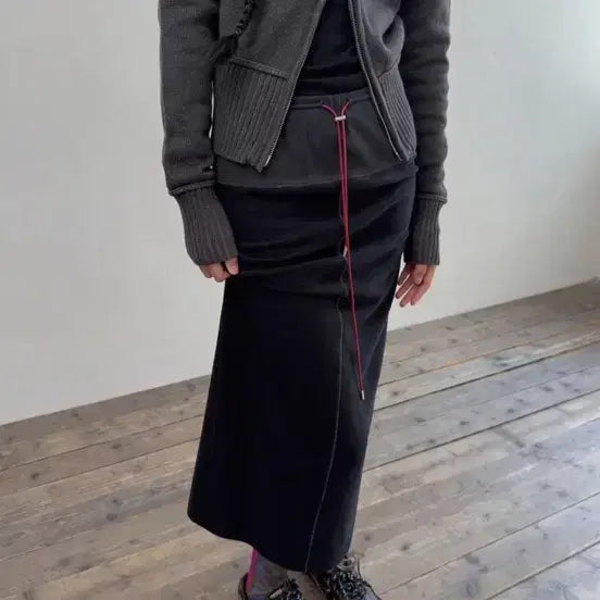 [BUNJANG] Fortena Leather String Terry Long Skirt / 포르테나 스커트 LEATHER STRING TERRY LONG SKIRT