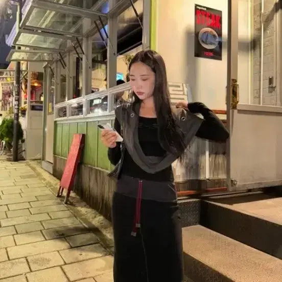 [BUNJANG] Fortena Leather String Terry Long Skirt / 포르테나 스커트 LEATHER STRING TERRY LONG SKIRT