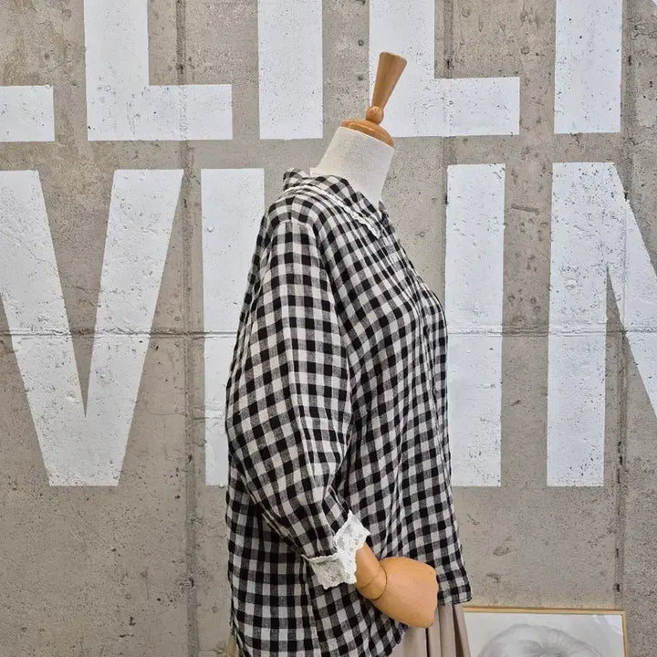 [BUNJANG] Gingham Check Linen Blend Lace Blouse / 깅엄체크 레이스 린넨혼방 블라우스
