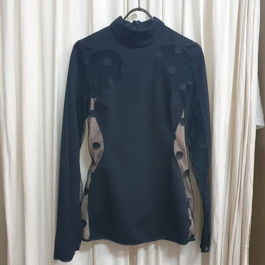 [BUNJANG] Black Dot See-Through Long-Sleeve Blouse / 블랙 도트 시스루 긴팔 블라우스