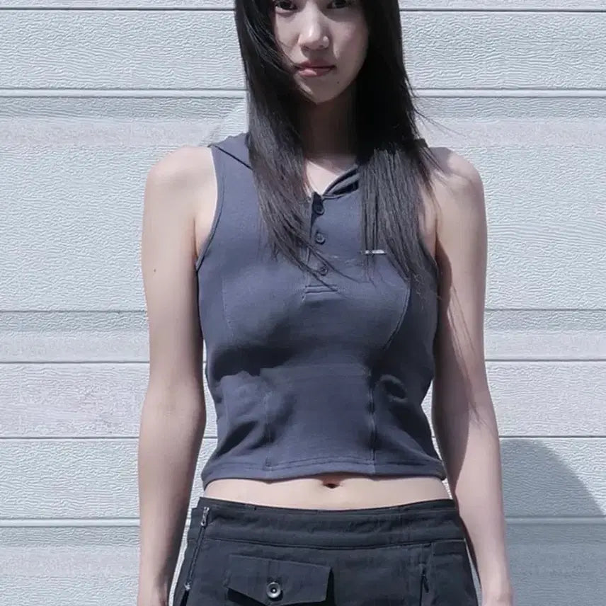 [BUNJANG] Miseki Seoul Line Hooded Vest Charcoal / 새상품) 미세키서울 라인 후드 베스트 차콜