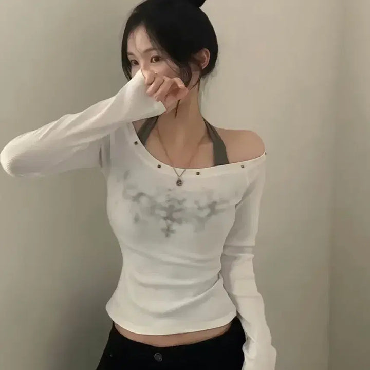[BUNJANG] White Off-Shoulder Long-Sleeve Halterneck Top Set / 화이트 오프숄더 긴팔 티셔츠 홀터넥 세트