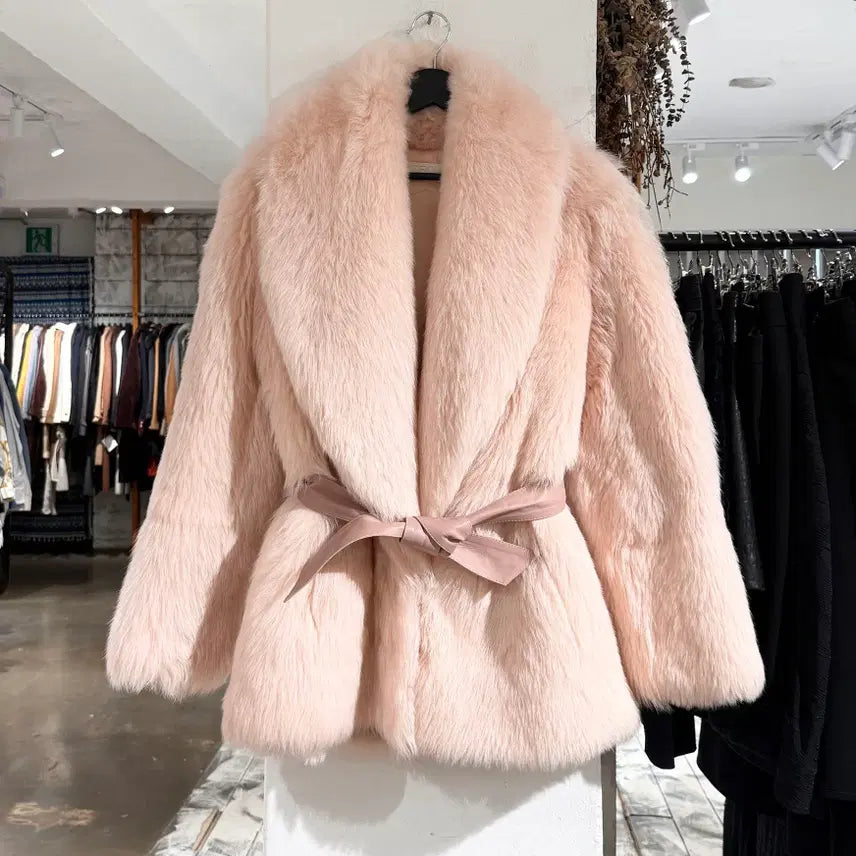 [BUNJANG] Drome Light Pink Faux Fur Belted Jacket XS / 드로메 라이트핑크 퍼 레더 벨티드 자켓