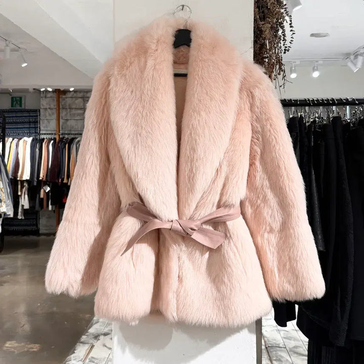 [BUNJANG] Drome Light Pink Faux Fur Belted Jacket XS / 드로메 라이트핑크 퍼 레더 벨티드 자켓