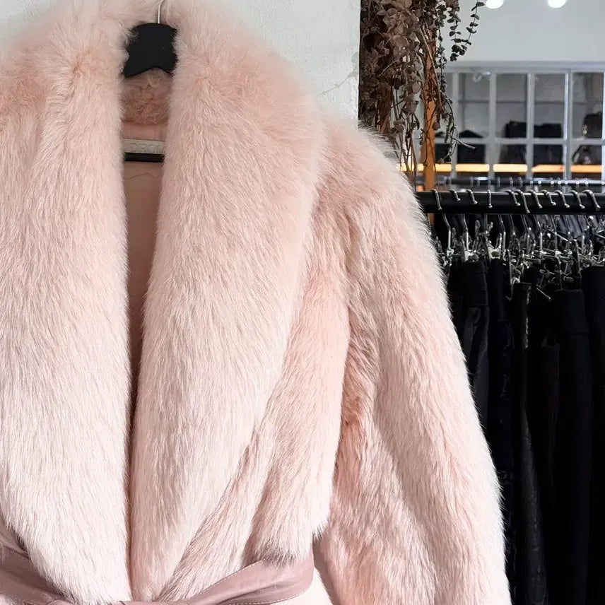 [BUNJANG] Drome Light Pink Faux Fur Belted Jacket XS / 드로메 라이트핑크 퍼 레더 벨티드 자켓