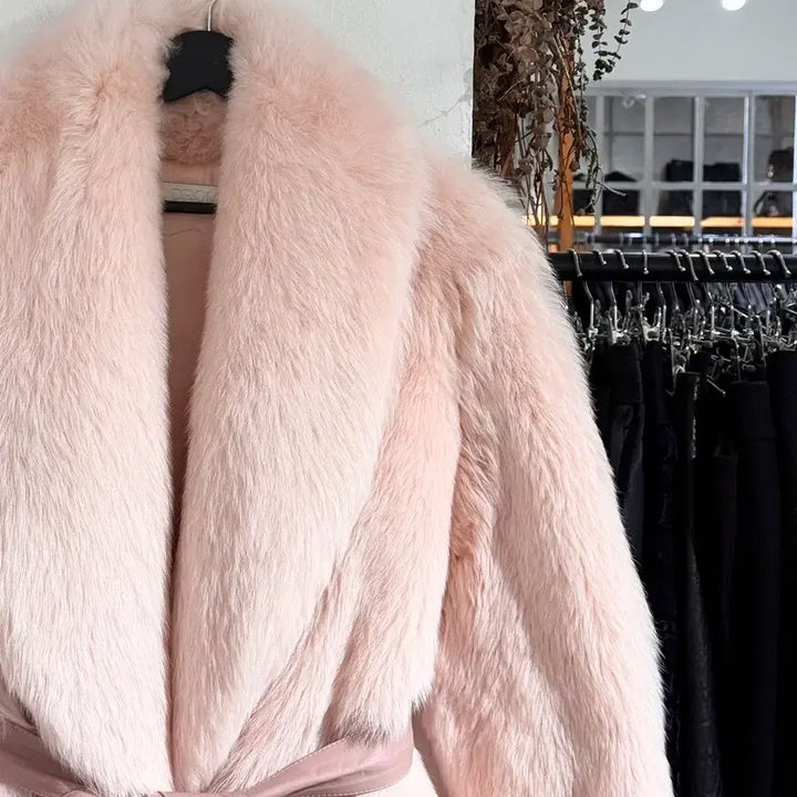 [BUNJANG] Drome Light Pink Faux Fur Belted Jacket XS / 드로메 라이트핑크 퍼 레더 벨티드 자켓