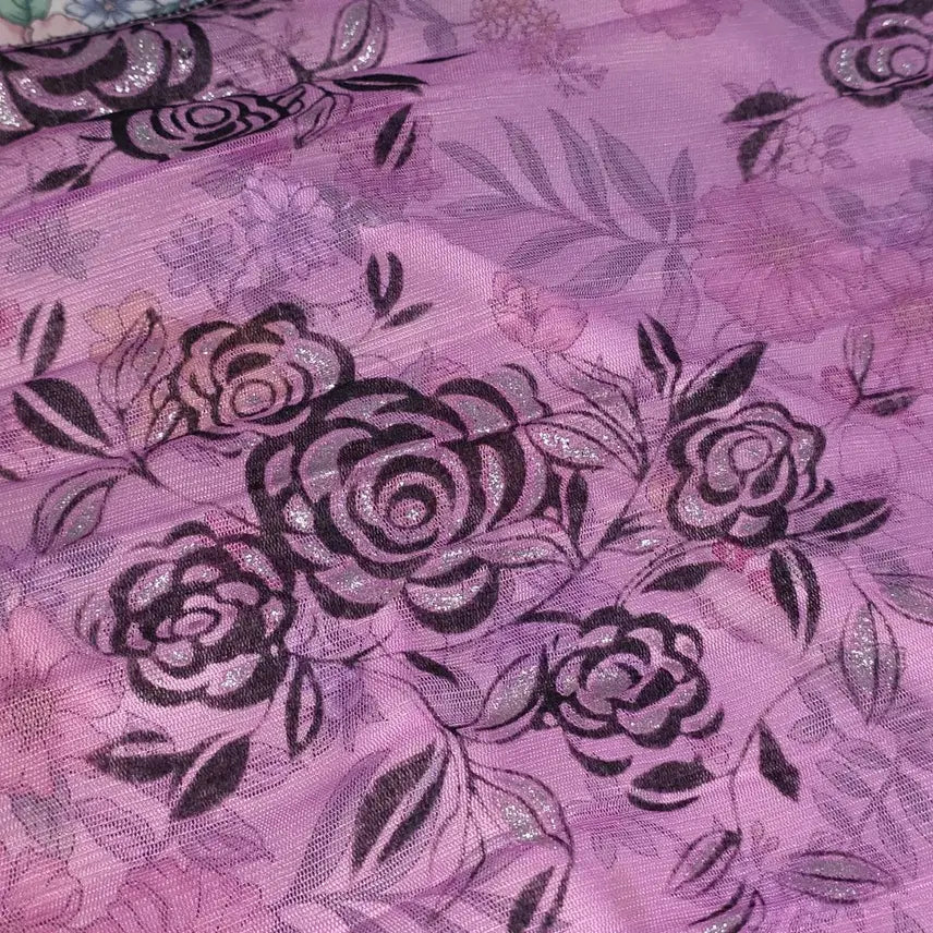 [BUNJANG] Anna Sui-Inspired Black x Purple Rose Glitter Chiffon Scarf / 일본빈티지)블랙x퍼플 로즈 안나수이깔 글리터 쉬폰 스카프목도리