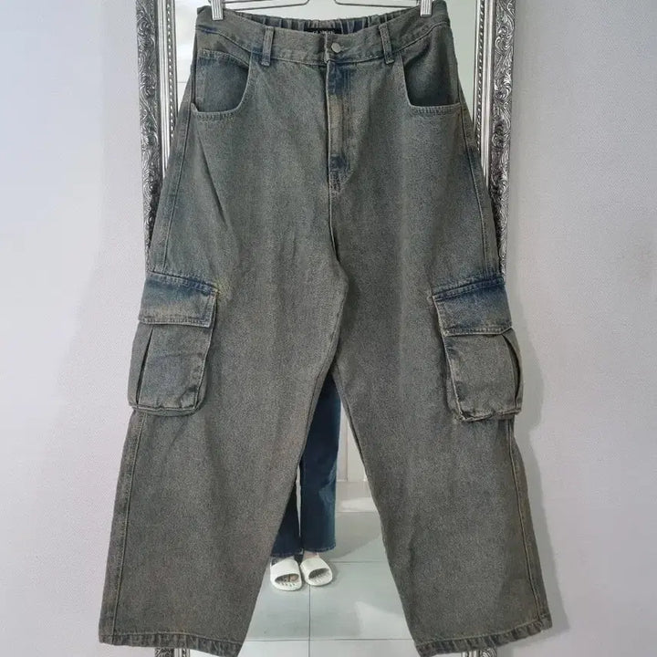 [BUNJANG] GLAMOUR Vintage Dirty Wash Wide Cargo Denim Pants / 빈티지 더티워싱 와이드 카고 데님 팬츠 F