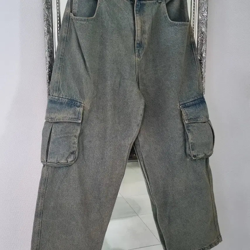[BUNJANG] GLAMOUR Vintage Dirty Wash Wide Cargo Denim Pants / 빈티지 더티워싱 와이드 카고 데님 팬츠 F