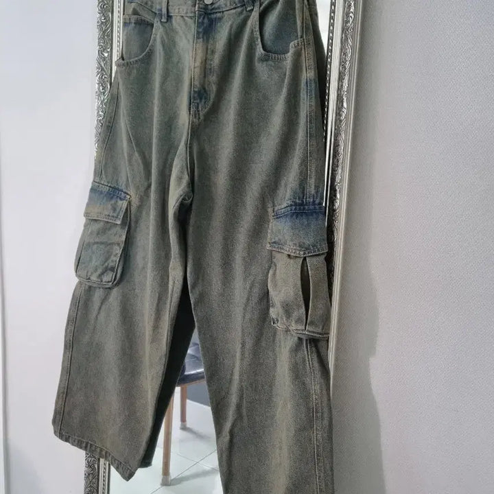 [BUNJANG] GLAMOUR Vintage Dirty Wash Wide Cargo Denim Pants / 빈티지 더티워싱 와이드 카고 데님 팬츠 F