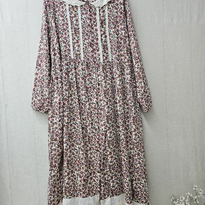 [BUNJANG] 100% Cotton Lace Trimmed Flower Long Dress / 면100%레이스배색 플라워 롱원피스 ~77