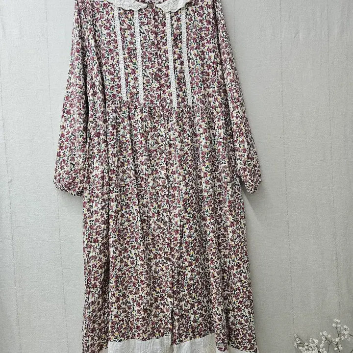 [BUNJANG] 100% Cotton Lace Trimmed Flower Long Dress / 면100%레이스배색 플라워 롱원피스 ~77