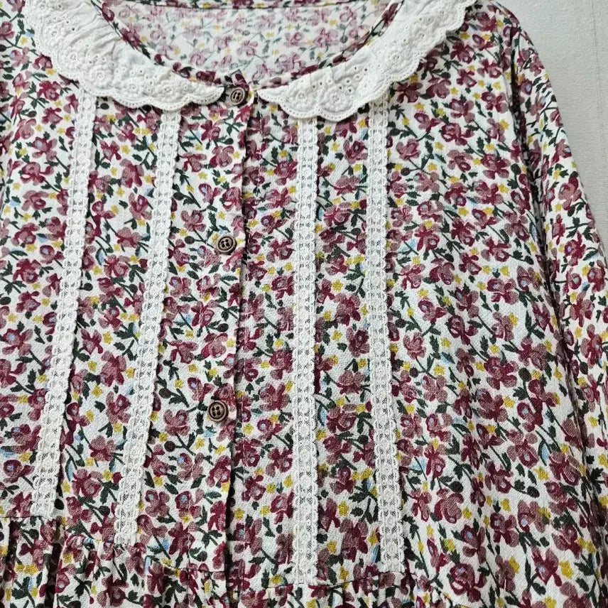 [BUNJANG] 100% Cotton Lace Trimmed Flower Long Dress / 면100%레이스배색 플라워 롱원피스 ~77