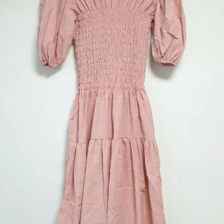 [BUNJANG] Pink Shirring Puff Short-Sleeve Long Dress / 핑크 셔링 퍼프 반팔 롱 원피스