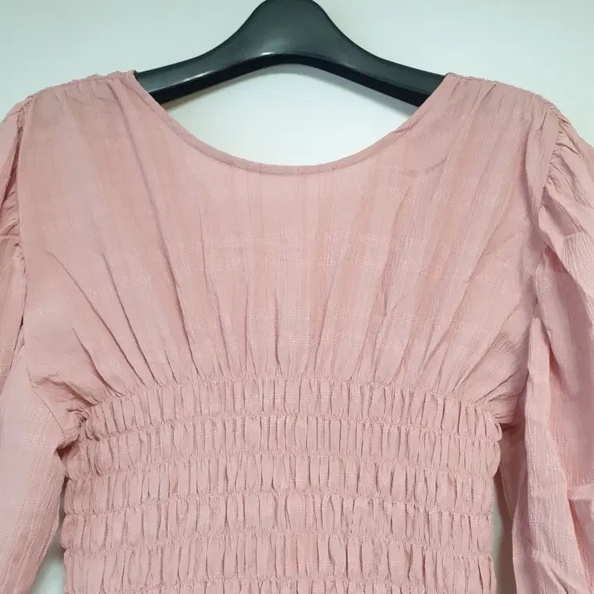 [BUNJANG] Pink Shirring Puff Short-Sleeve Long Dress / 핑크 셔링 퍼프 반팔 롱 원피스