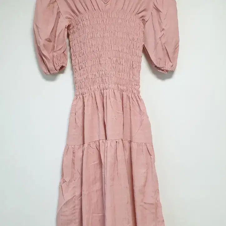 [BUNJANG] Pink Shirring Puff Short-Sleeve Long Dress / 핑크 셔링 퍼프 반팔 롱 원피스