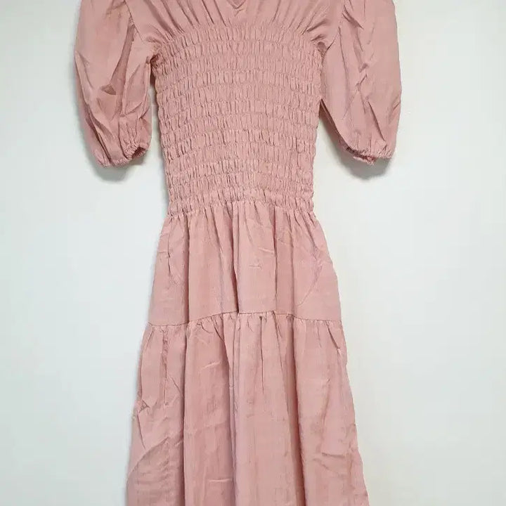 [BUNJANG] Pink Shirring Puff Short-Sleeve Long Dress / 핑크 셔링 퍼프 반팔 롱 원피스