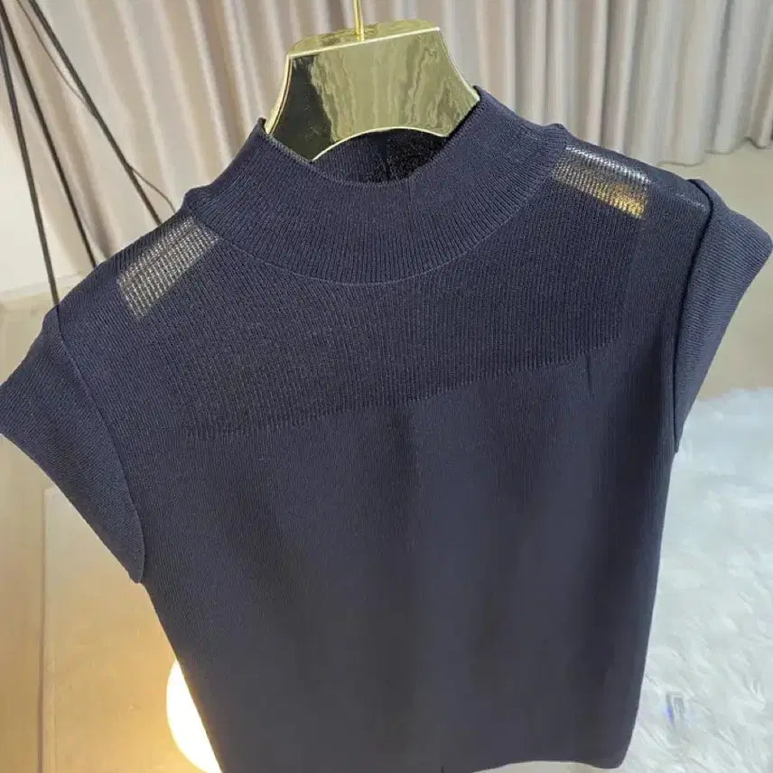 [BUNJANG] Imported Knit Sheer Cap Sleeve Half Neck T-Shirt Charcoal / 수입의류 반목 시스루 캡소매 니트 반팔 티 차콜