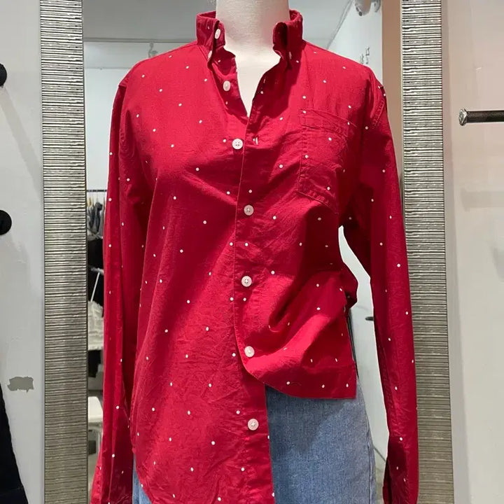 [BUNJANG] Red Polka Dot Long-Sleeve Shirt / 레드 도트무늬 남방