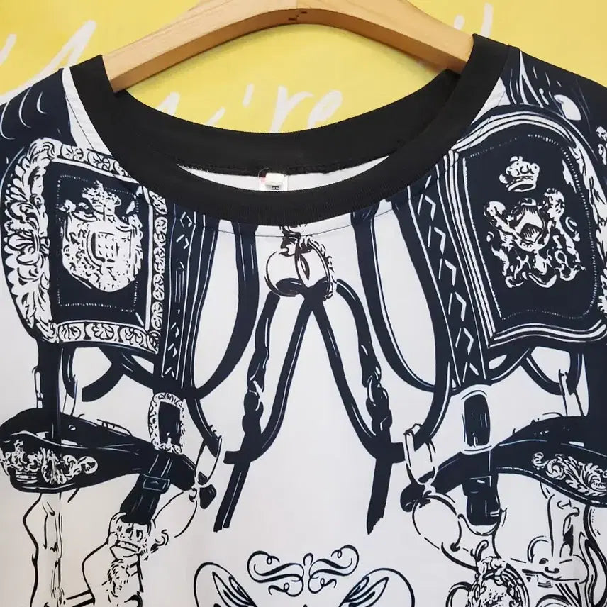 [BUNJANG] Scarf Print Short Sleeve Blouse (Black/White) / 블랙/화이트 스카프 프린팅 반팔 블라우스F