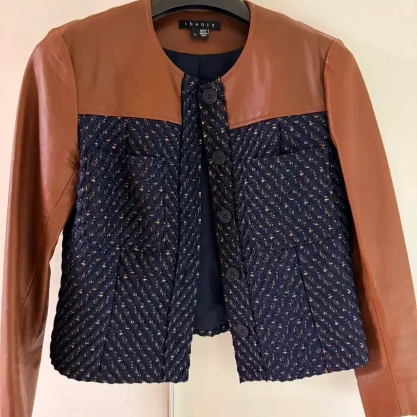 [BUNJANG] Theory Leather Color Block Tweed Jacket / Theory 띠어리 가죽 배색 트위드 자켓