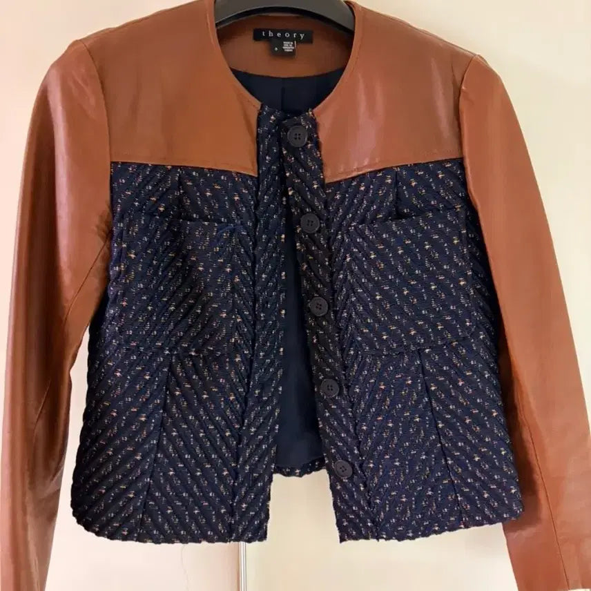 [BUNJANG] Theory Leather Color Block Tweed Jacket / Theory 띠어리 가죽 배색 트위드 자켓