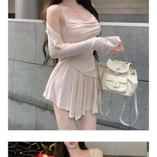 [BUNJANG] 3-Piece Set: Cardigan, Camisole, and Mini Skirt / 가디건 나시.미니스커 3피스