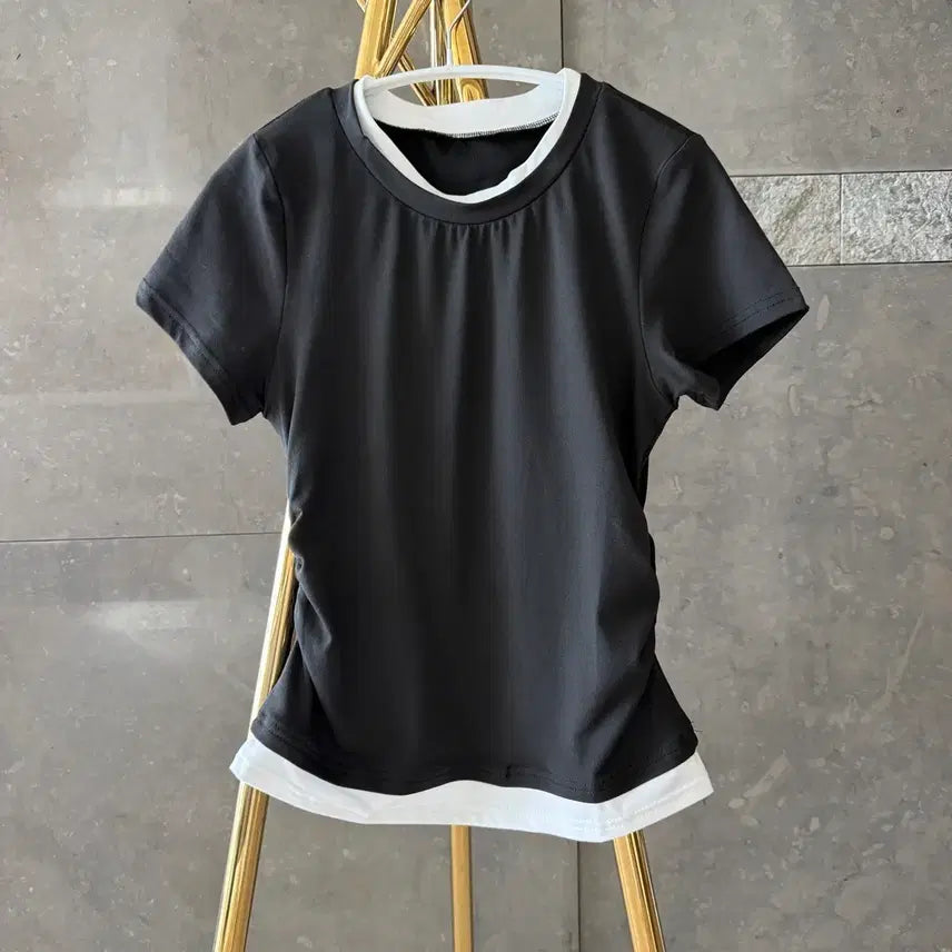 [BUNJANG] Layered Short Sleeve Shirring T-Shirt / [새상품] 레이어드 반팔 셔링티
